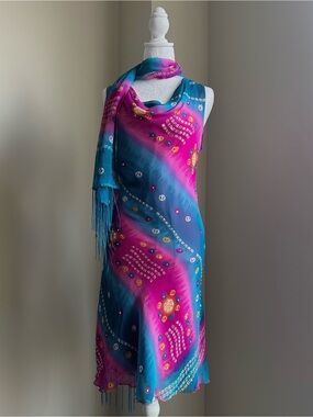 1990's Vibrant Teal and Fuchsia Sequined Midi Dress with Matching Scarf